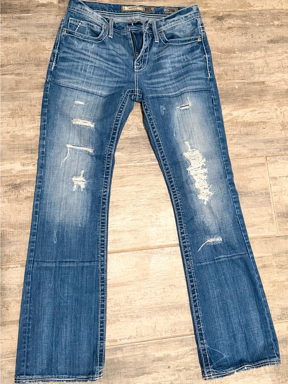 BKE Women's Blue Distressed Flare Jeans
